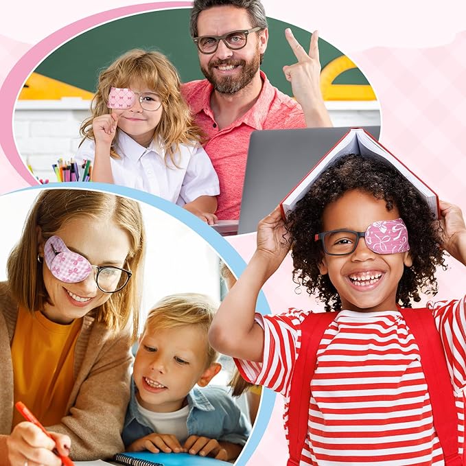 Newcotte 12 Pcs Eye Patch for Kids Toddler Reusable Adjustable Girls Boys Eyepatch for Glasses Left or Right Eye Patch, Assorted Patterns (Pink Coquette Bow)