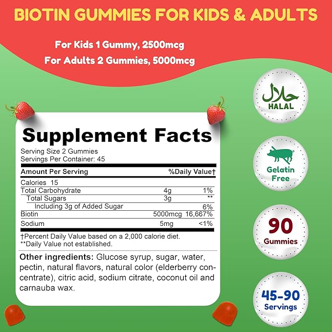 Vegan Biotin Gummies for Adult & Kids | 90 Gummies | 5000 mcg 45 Servings | Non-GMO | Gluten, Gelatin, Peanuts, Egg & Dairy Free | Biotin Gummy Vitamins for Hair, Skin & Nails Halal