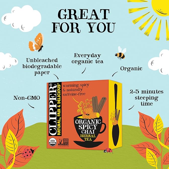 Clipper Tea Spicy Chai Herbal Tea – Caffeine Free, USDA Organic, Great Hot or Iced – Warming, Spicy, Natural, Fair & Delicious – 50 Tea Bags