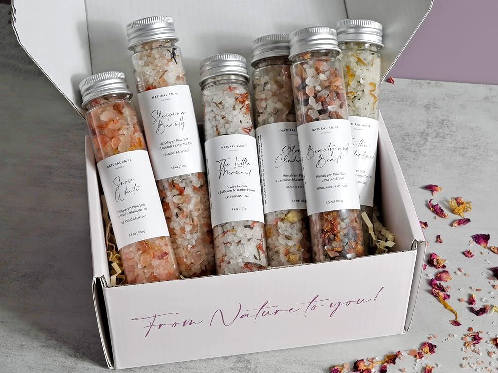 Handmade Bath Salt Gift Set 6 Pack, All Natural, Scented with Essential Oils, Gift for Women