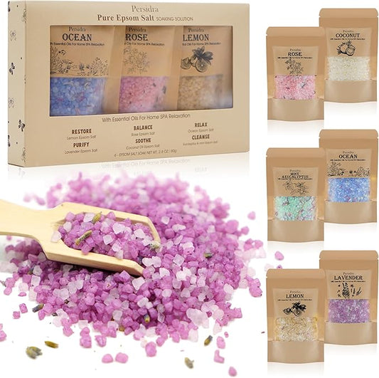 Bath Salts Gift Set 6-Pack - Relaxing Aromatherapy Spa Set for Women, 80g Self-Care Gifts for Mom, Mother's Day Birthday Gifts with Natural Sea Salts