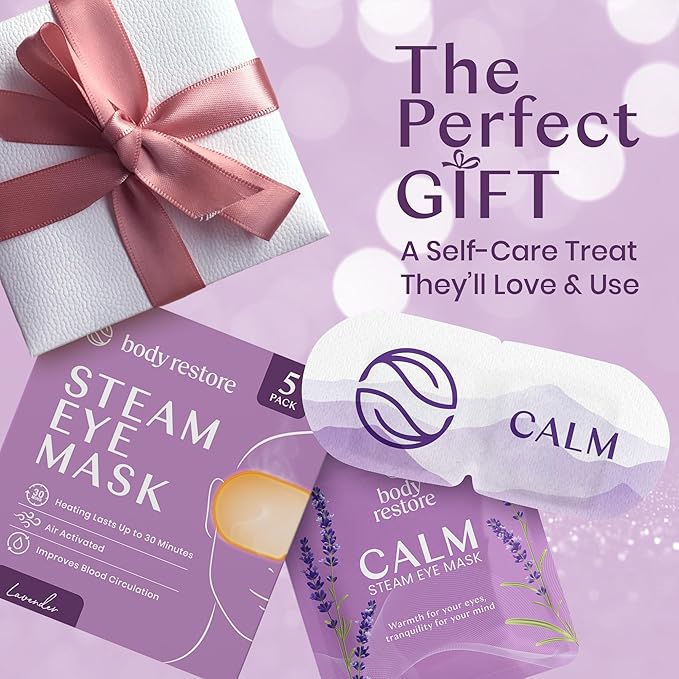 Body Restore Self Heated Steam Eye Mask 5 Pack - Fathers Day Unique Gifts for Dad, Relaxation Gifts for Her and Him, Best Friend, Stye Eye Treatment, Travel Essentials - Lavender