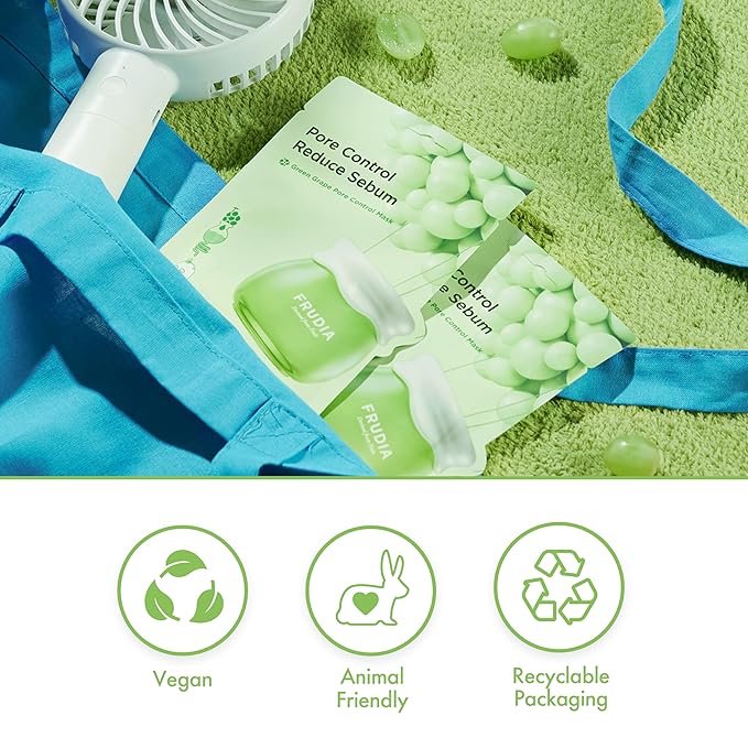 FRUDIA Green Grape Pore Control Face Mask Sheets (10 Pack), Korean Face Masks with 60% Green Grape Extract, Tannin Pore Complex & Anti Sebum P for Hydrating & Pore Minimization