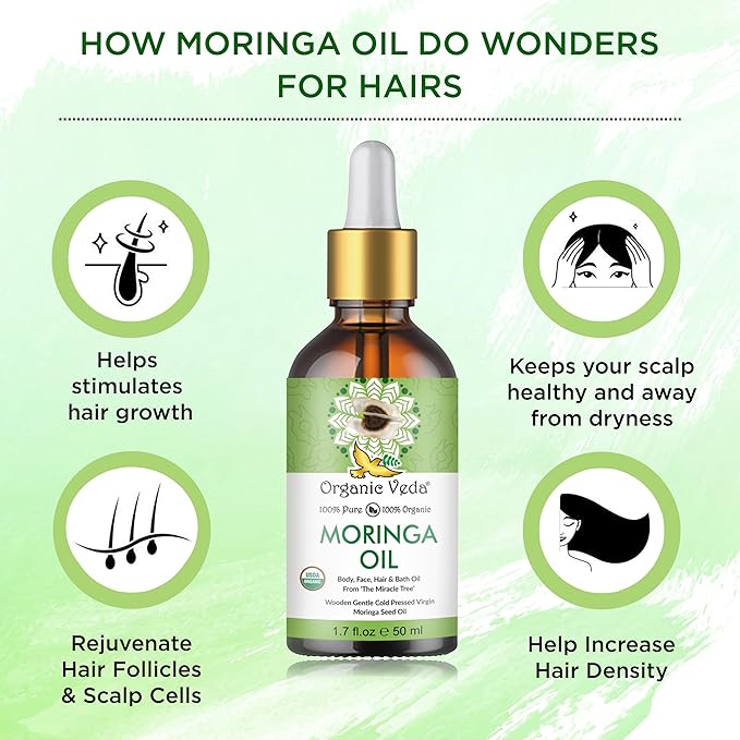 Organic Veda Moringa Oil - Pure Cold Pressed Organic Moringa Seed Oil - Natural Face Oil for Women, Moisturizing Hair Oil - Virgin Moringa Oleifera Oil for Skin, Body, Scalp Care & Nails - 1.7 fl.oz.