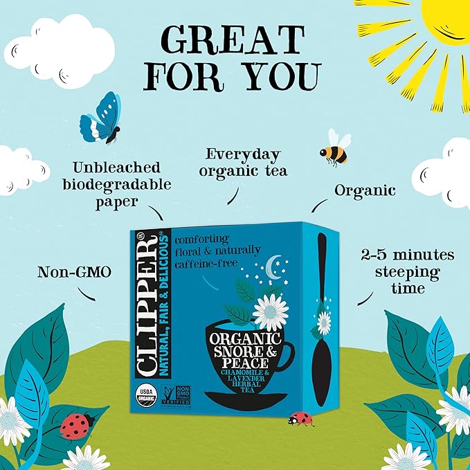 Clipper Tea Snore and Peace Chamomile & Lavender Herbal Tea – Caffeine Free, USDA Organic, Great Hot or Iced – Comfortingly Floral, Natural, Fair & Delicious – 200 Tea Bags