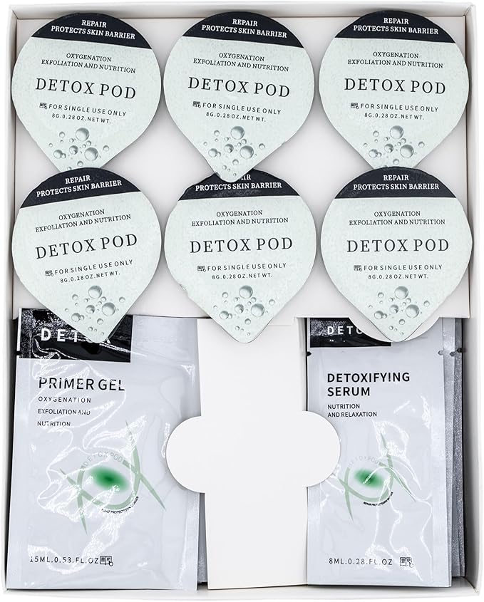 Detox - OxyGeneo Oxygen Facial CO2 Therapy Machine, Geneo Type Pods, Home Facial, 6 Pods + 6 Primer Gel + 6 Detoxifying Serum After Treatment (NEW FORMULA less foam)