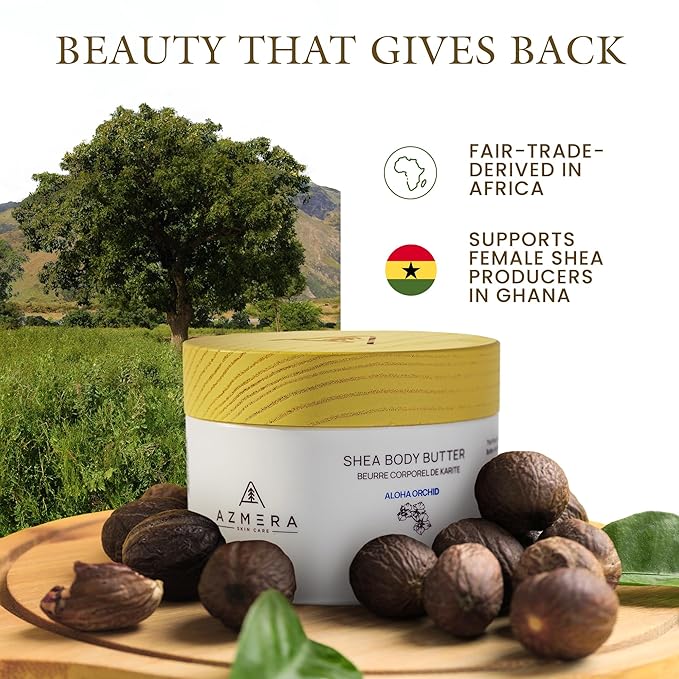 AZMERA Shea Body Butter - Organic Body Butter for Women & Men Dry Skin Rich in Antioxidants & Vitamin E - Vegan Shea Butter Moisturizer, Raw Shea Butter from Africa (Aloha Orchid, 250ml)
