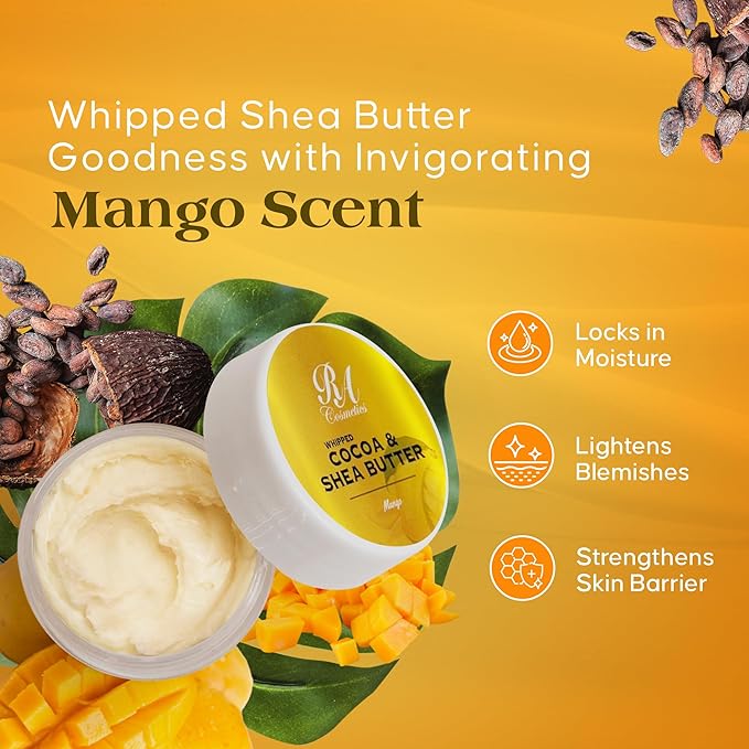 RA COSMETICS Whipped Cocoa & Shea Butter, Mango - 12oz | 100% Pure & Natural Skin Moisturizer with Coconut Oil | Vitamin-Rich Body Butter for Soft, Supple, and Radiant Skin & Healthy Hairs