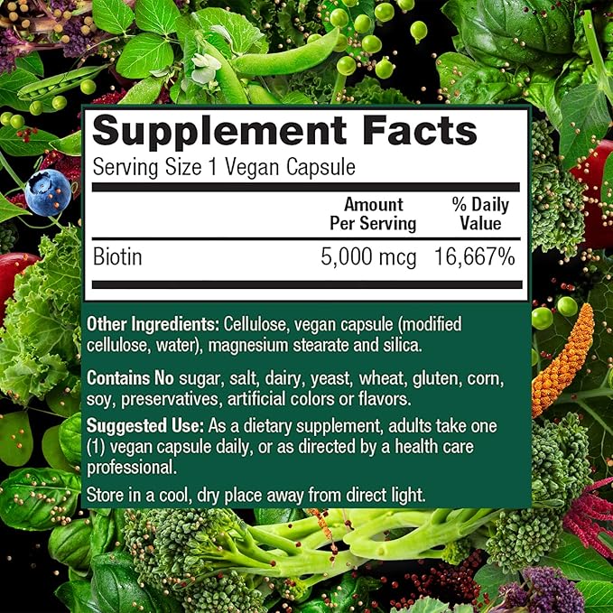 PlantFusion Vegan Biotin from, Premium Vegan Biotin for Women and Men (5000mcg), Natural Hair Skin and Nails Vitamins, 120 Vegan Capsules