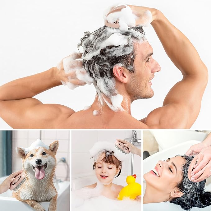 Hair Massager Scalp 3 in1 Scalp Scrubber Silicone Scalp Massager with Three Bristles-Soft, Medium and Hard Brush for Men Women and Pets,Pink