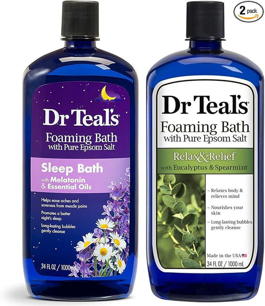 Dr Teal's Foaming Bath Variety Gift Set (2 Pack, 34oz Ea.) - Relax & Relief Eucalyptus & Spearmint, Melatonin Sleep Bath - Essential Oils Blended with Pure Epsom Salt Eases Aches & Aids in Sleep