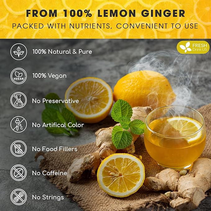 FreshDrinkUS, Premium 200 Lemon Ginger Tea Bags, 100% Natural Ingredients, Hand-made Blend of Lemon and Ginger, Eco-conscious Tea Bags. Lemon Ginger Herbal Tea. No Sugar, No Caffeine, Vegan.