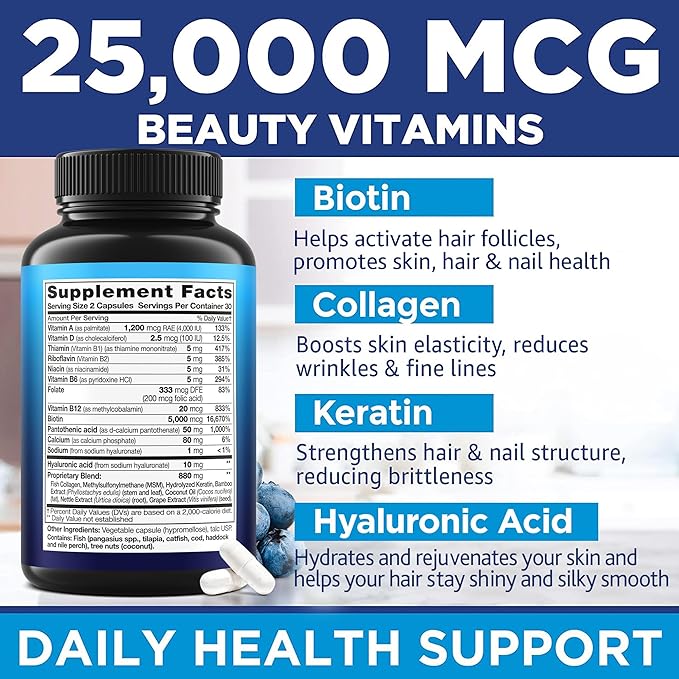 Biotin Keratin & Collagen Capsules - Made in USA - Natural Collagen, Keratin & Biotin for Hair Growth - Biotin & Collagen Vitamins with Multi Collagen Peptides for Hair Loss, Skin & Nails - 60 Caps