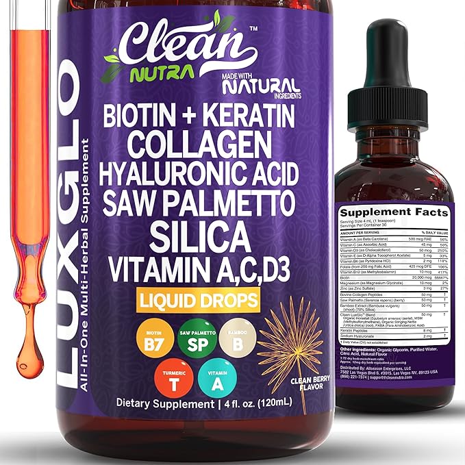 Biotin Liquid Drops Collagen Keratin Hyaluronic Acid Saw Palmetto for Hair Skin and Nails Silica Vitamin A C Vitamin D Bamboo Turmeric Zinc Folate Magnesium Horsetail LuxGlo by Clean Nutra