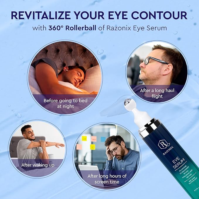 Eye Bags Treatment for Men: Men’s Under Eye Cream and Roller for Puffiness and Dark Circles – 5% Caffeine Depuffer
