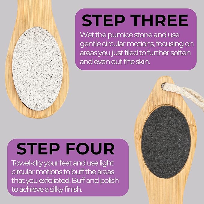 Dermasuri 4 in 1 Exfoliating Foot Scrub Kit - Multi Purpose Foot Care - Natural Bamboo Pedicure Foot Spa Kit - Pumice Stone Callus Remover, Stainless Steel File, Sand Paper Surface, & Dry Brush