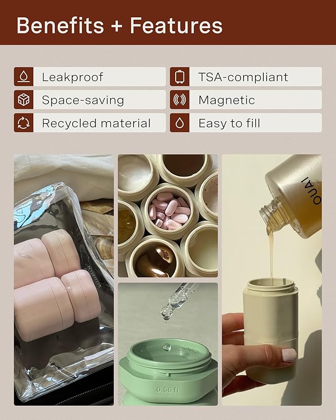 Cadence Travel Containers - Full Skincare Set - Magnetic Travel Capsules - 2 Small (0.56oz), 4 Medium Capsules (1.32oz), & Extender (1.43oz) with Multiple Labels for Better Organization - Petal