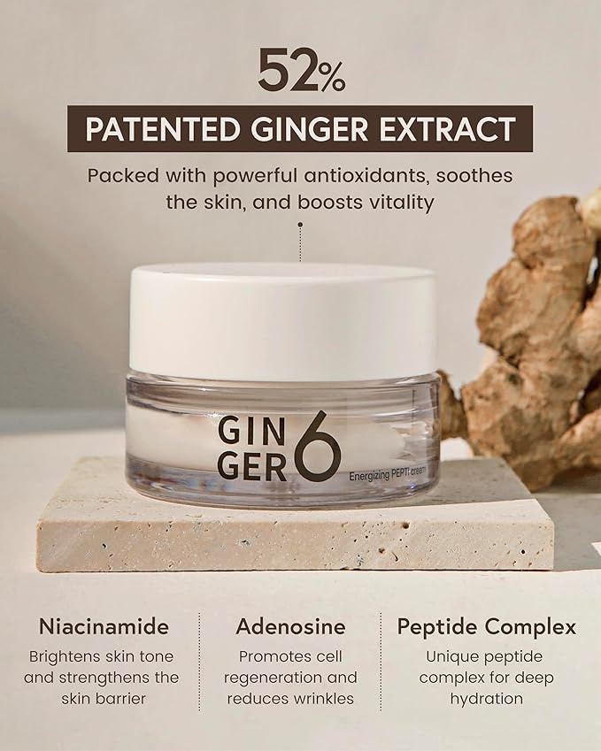 Ginger 6 Energizing PEPTI Cream for Face, 1.69fl. oz. – Anti-Aging and Hydrating Collagen-Boosting Formula with 52% Ginger Water, Niacinamide, and Adenosine, Overnight Korean Skincare