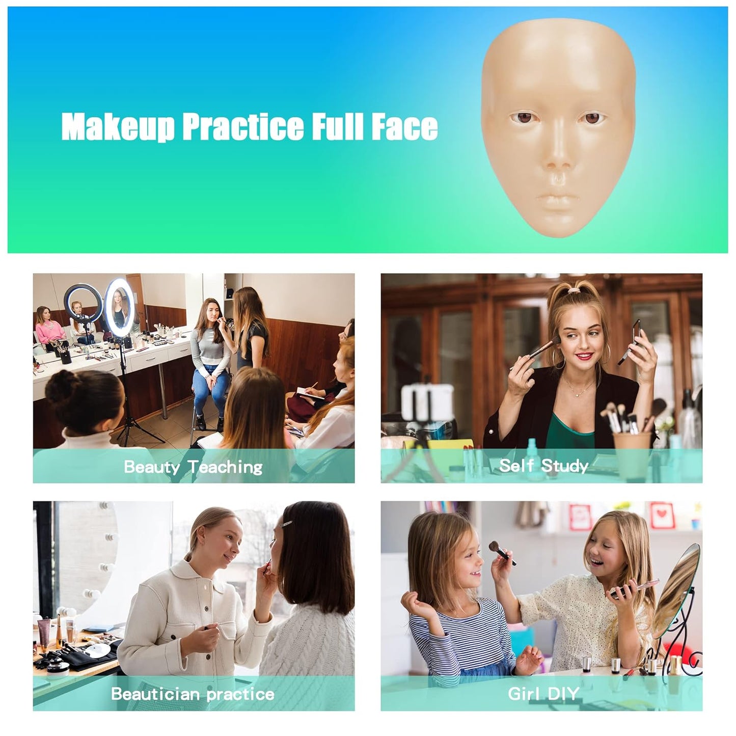 Makeup Practice Face, 5D Reusable Silicone Make up Practice Board Mannequin Face with Makeup Brushes Sponge Set and Eyeshadow Board Kit for Emerging Artist, Girl's Gift, White