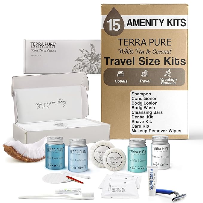 Terra Pure White Tea & Coconut Amenity & Accessory Kit |1oz Travel Size Shampoo, Conditioner, Lotion, Body Wash, 2 Cleansing Bars, Shave & Dental Sets, Make-Up Remover Wipes, & Vanity Kit | 15 Boxes