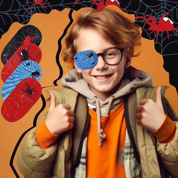 Newcotte 12 Pcs Eye Patch for Kids Toddler Reusable Adjustable Girls Boys Eyepatch for Glasses Left or Right Eye Patch, Assorted Patterns(Spider)