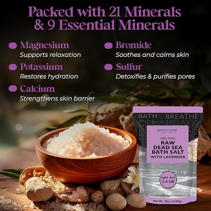 Aromasong RAW Dead Sea Salt with 100% Natural Lavender, 2.43 Lb, Not Cleaned, Still Contains All Dead Sea Minerals Including Dead Sea Mud, Fine Medium Grain Resealable Bulk Pack. (Packaging May Vary)