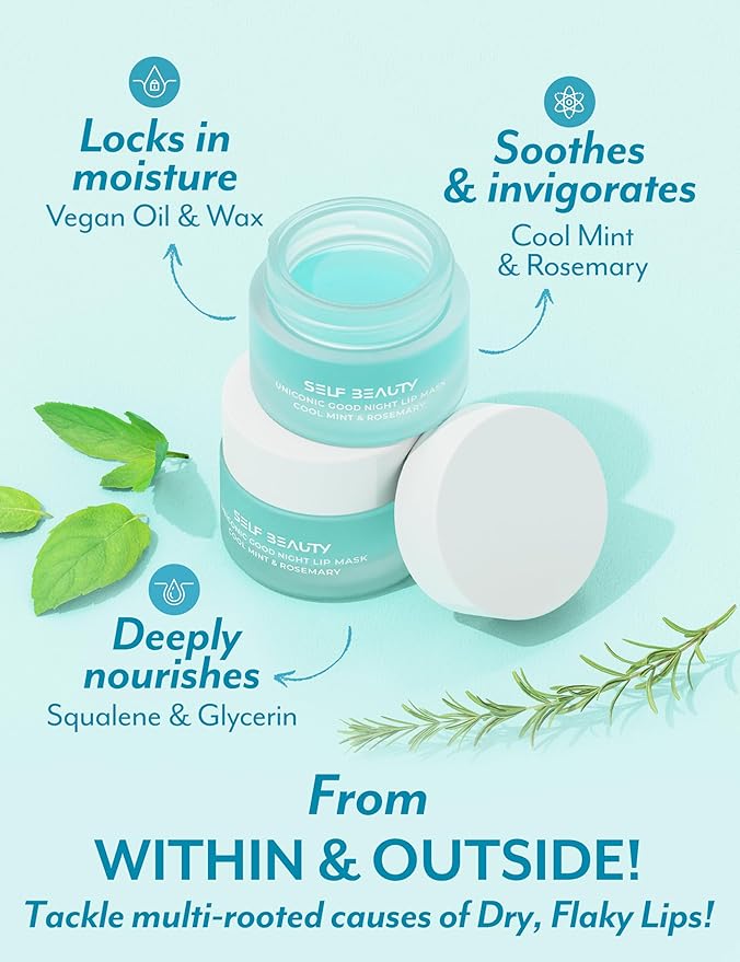 SelfBeauty Cool Mint Rosemary Lip Mask - Vegan Balm, Daily Moisturizer, Overnight Hydrating Treatment With Cool Mint, Scrub Exfoliator Intensive Repair, 0.51fl.oz