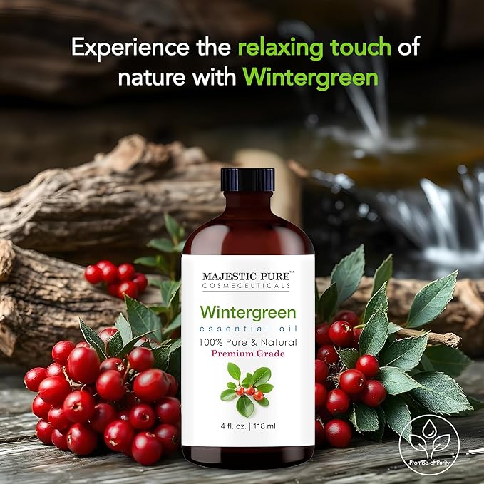 MAJESTIC PURE Wintergreen Essential Oil | 100% Pure and Natural Oil | Premium Grade Essential Oils for Hair Care, Home Diffusers, Skin, Aromatherapy, Massage and Humidifiers | 4 Fl Oz