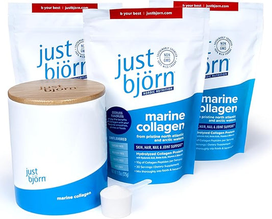 Just Bjorn Marine Collagen Peptides Starter Kit - Collagen Powder for Women & Men - Skin, Hair, Nail & Joint Support - Hyaluronic Acid, Vitamin C, Amino Acids - Unflavored (90 Servings)
