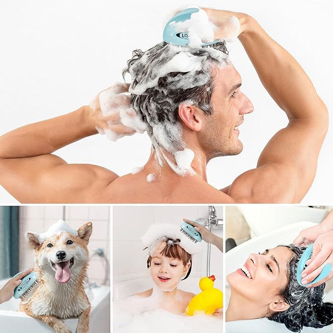 Hair Massager Scalp 3 in1 Scalp Scrubber Silicone Scalp Massager with Three Bristles-Soft, Medium and Hard Brush for Men Women and Pets,Blue