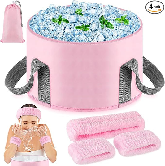 Face Ice Bath Bowl - Pink Foldable Collapsible Design with Headband & Wristbands Set, Skincare Combo for Women, Travel Friendly Home Spa, Makeup Removal & Sensitive Skin Care