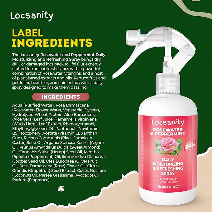Locsanity Daily Moisturizing Refreshing Spray - Rose Water and Peppermint Hair Scalp Moisturizer for Locs and Dreadlocks (12oz)