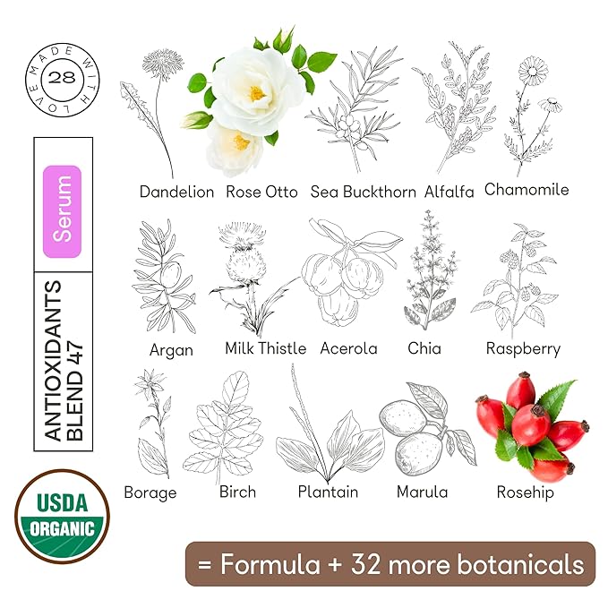 Organic28. 100% Organic Antioxidant Serum – USA Made. 47 Botanicals. Concentrated Rejuvenating Serum For Face & Décolletage. Rich Vitamins Organic Moisturizer. Aromatherapy: Bulgarian Rose.2 Fl. Oz