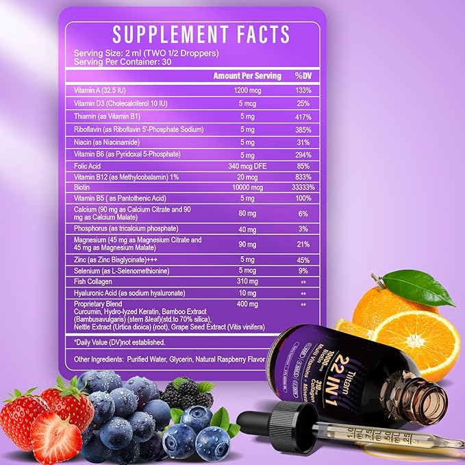 Liquid Collagen, Biotin & Hyaluronic Acid – Hair Growth Vitamins and Mineral Supplements for Women and Men Supports Hair, Skin & Nails | Vitamin B Complex-60ML