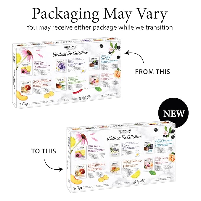 Bigelow Benefits Wellness Herbal Tea Collection, Caffeine Free, Variety Gift Box Sampler, 64 Tea Bags, (Pack of 1) (Flavors may vary)