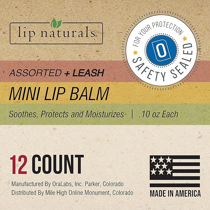 Lip Naturals Assorted Mini Lip Balms with Sunscreen (SPF-15) & Keychain - 12 Count, 3 Flavors: Tea Tree Mint, Vanilla Bean, Bing Cherry (0.10oz/3g Each) - Made in USA