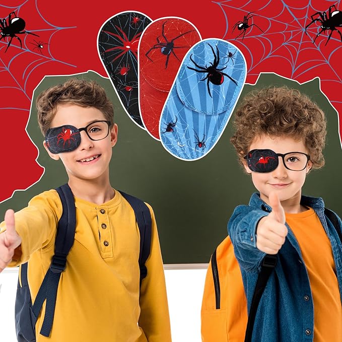 Newcotte 12 Pcs Eye Patch for Kids Toddler Reusable Adjustable Girls Boys Eyepatch for Glasses Left or Right Eye Patch, Assorted Patterns(Spider)