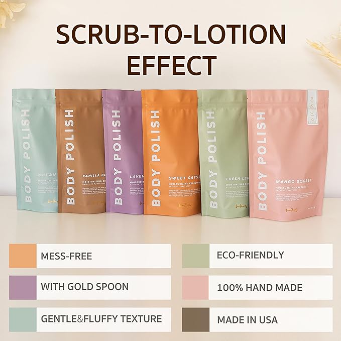 Body Polish, 8oz. - Mango Sorbet Scented Body Scrub Exfoliator for Women, Exfoliating Sugar Scrub To Lotion Moisturizer, Gentle Exfoliant for Dry and Sensitive Skin, Handmade in USA