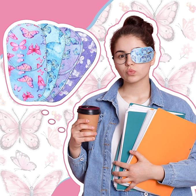 Newcotte 12 Pcs Eye Patch for Kids Toddler Reusable Adjustable Girls Boys Eyepatch for Glasses Left or Right Eye Patch, Assorted Patterns(Butterfly)
