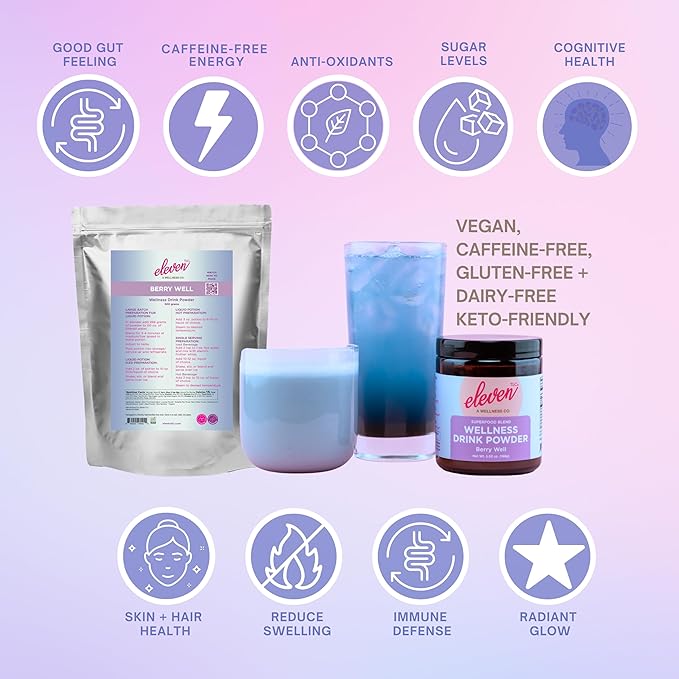 Eleven TLC, Berry Well Superfood Drink Mix, Lattes, Smoothies, Refreshers, Tea, Superfood Berry Antioxidant Support with Blue Butterfly Pea Flower, BlueSpirulina, Maca, Inulin Pre-Biotic, 21 Servings