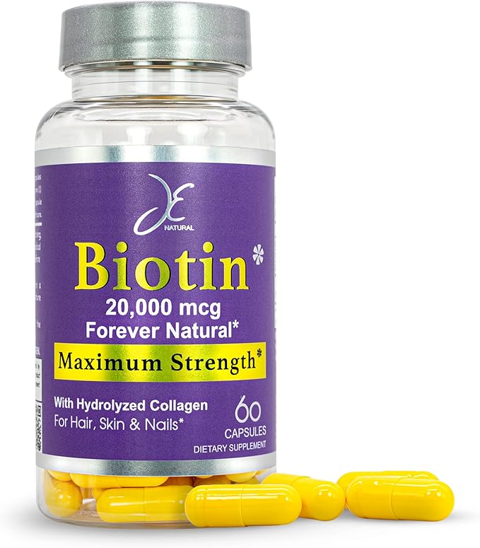 Biotin Hair Skin and Nails Vitamins, Vitamin C, Biotin and Collagen Supplements That Make Hair Grow Faster and Longer, for All Ages, 60 Capsules of Biotin 20000mcg Maximum Strength.