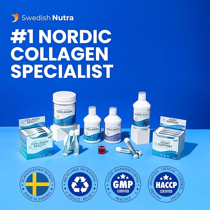 Swedish Nutra - 10,000 mg Hydrolyzed Marine Collagen Liquid Supplement - 500 ml, 20 Day Supply | Hyaluronic Acid, Biotin and Vitamin C to Support Healthy Hair, Skin, Nails and Joints | Sugar-Free