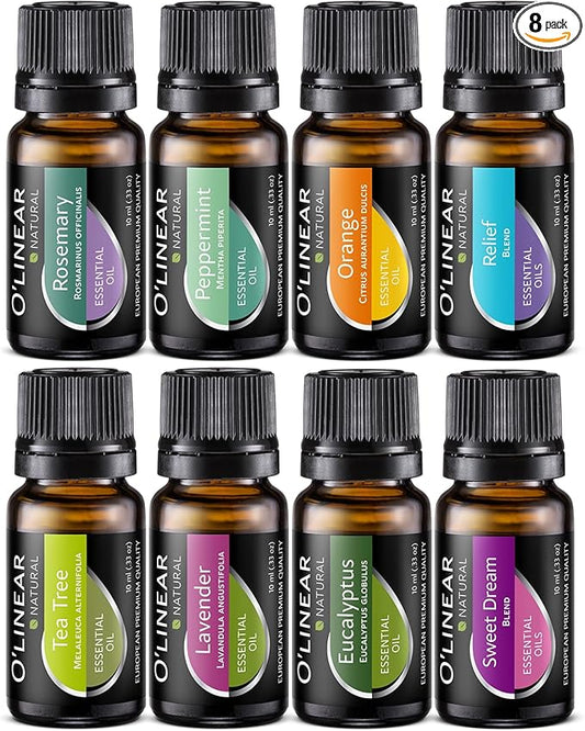 Top 8 Essential Oils Set for Diffuser for Home Aromatherapy Kit with Lavender, Peppermint, Eucalyptus, Tea Tree, Rosemary, Orange, Relief and Sweet Dreams Blends for Humidifiers Natural Pack