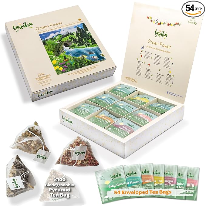 Lazika Green Tea Variety Pack with Lovely Presentation Box, 54 Counts, Green Tea Assortment Gift Set, Premium Collection with Pyramid Infuser Bag, Early Harvest, Handcrafted