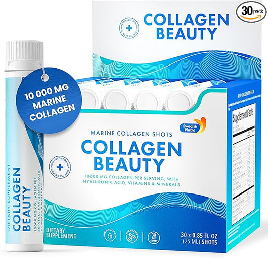 Swedish Nutra - Collagen Beauty | 10,000 mg Hydrolyzed Marine Collagen Liquid Supplement - 30 x 25 ml Daily Shots | Hyaluronic Acid and Vitamin C to Support Healthy Hair, Skin, Nails | Sugar-Free