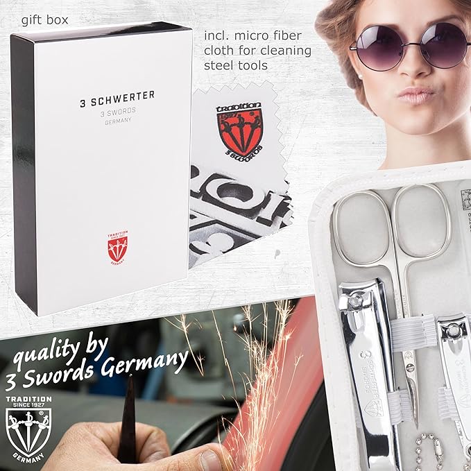 3 Swords Germany - brand quality 8 piece manicure pedicure grooming kit set synthetic leather case white - Made in Germany