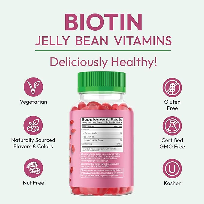 Biotin Jelly Bean Gummy Vitamins, Extra Strength Biotin for Hair, Skin and Nails, 5000mcg per Serving, Hair Growth Vitamins for Men and Women, 120 Strawberry Blast Jelly Beans, Kosher