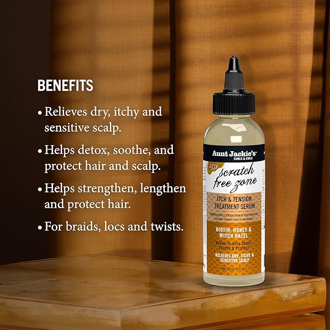 Aunt Jackie's Braid + Twist Collection Scratch Free Zone Itch & Tension Treatment Serum – Relieve Dry, Itchy Scalp with Witch Hazel, Biotin, and Honey – 4 fl oz