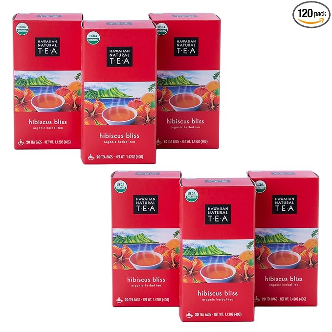 Hawaiian Natural Tea Hibiscus Flavored Organic Herbal Tea - Caffeine Free All Natural For Wellness, Perfect Daily Cup & Gift - 120 Bags