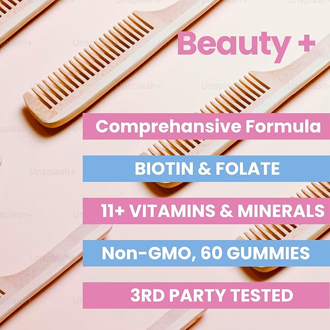 Beauty+ Hair Nails and Skin Vitamins - Biotin Gummies 5,000 Mcg - Folate - Vitamin B Complex B5, B6, B12 - Biotin Vitamins - Faster Hair Growth Gummies, Stronger Nails, Healthy Skin Care